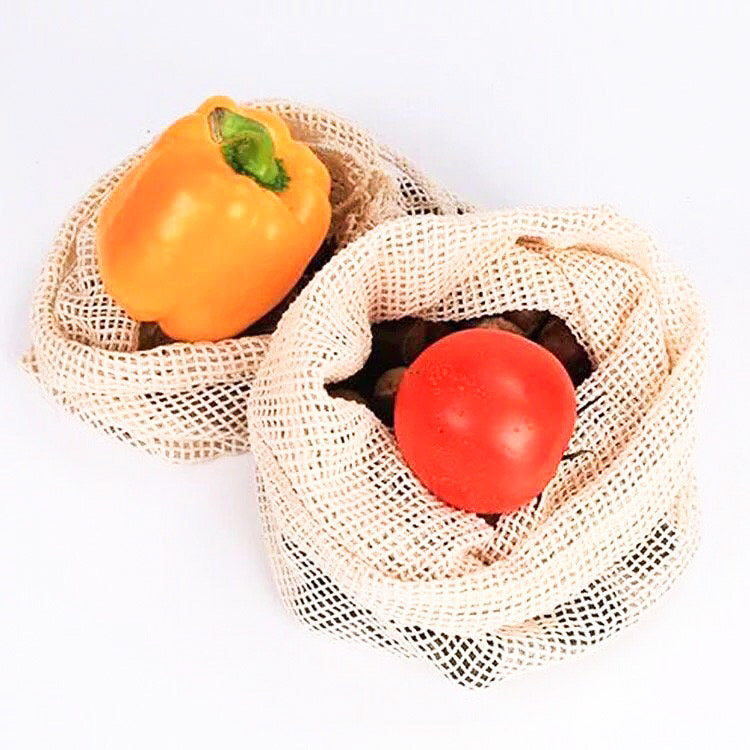Reusable Organic Cotton Mesh Produce Bag - Zero Waste Plastic Free Groceries - Set of 3-4